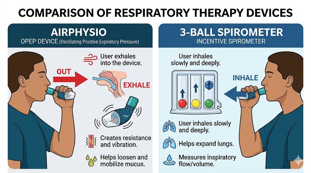 Airphysio Vs Spirometer: The Brutally Honest Truth About Clearing Your Lungs 6 AirPhysio exhale vs 3-Ball Spirometer inhale comparison for lung health.