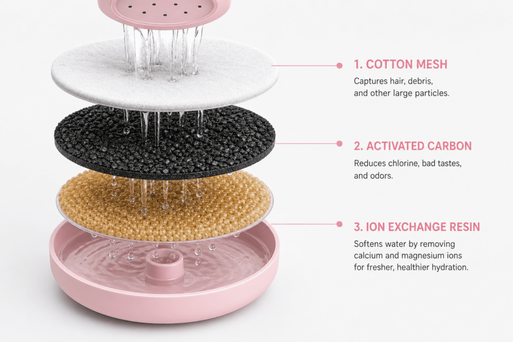 Exploded diagram of the PetHydro Max triple action carbon filter