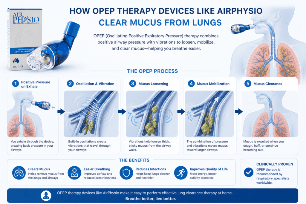 How OPEP therapy devices like AirPhysio clear mucus from lungs