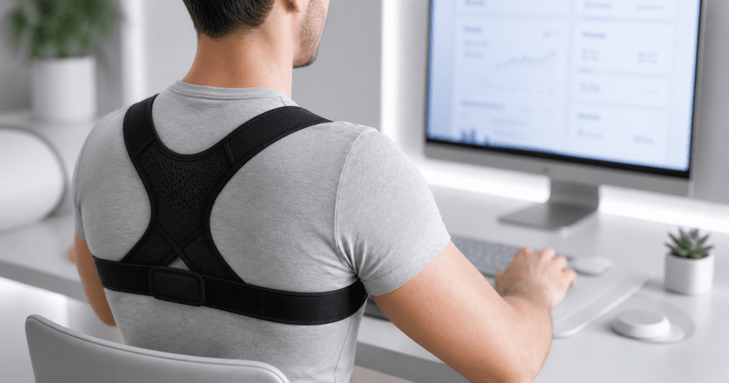 MyCorrector Pro figure-8 posture brace resting on a modern desk setup