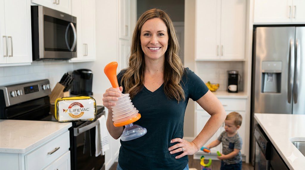 Lifevac Vs Dechoker: Which Anti-Choking Device Could Actually Save Your Family? (2026 Review) 8 Parent holding LifeVac airway clearance device in kitchen for family safety