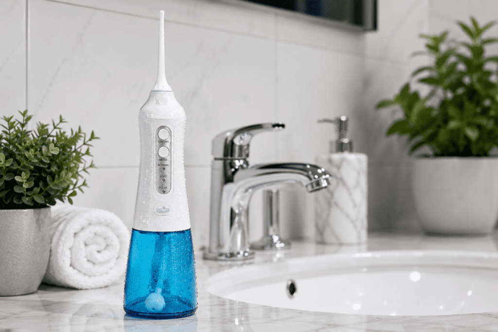 Jetfloss Pro Review (2026): Does This Portable Flosser Actually Work? 6 JetFloss Pro portable water flosser on a bathroom sink