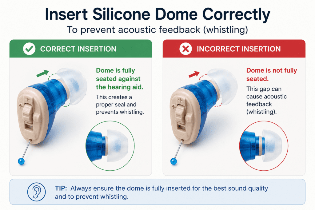Diagram showing how to correctly insert a hearing amplifier dome to prevent whistling