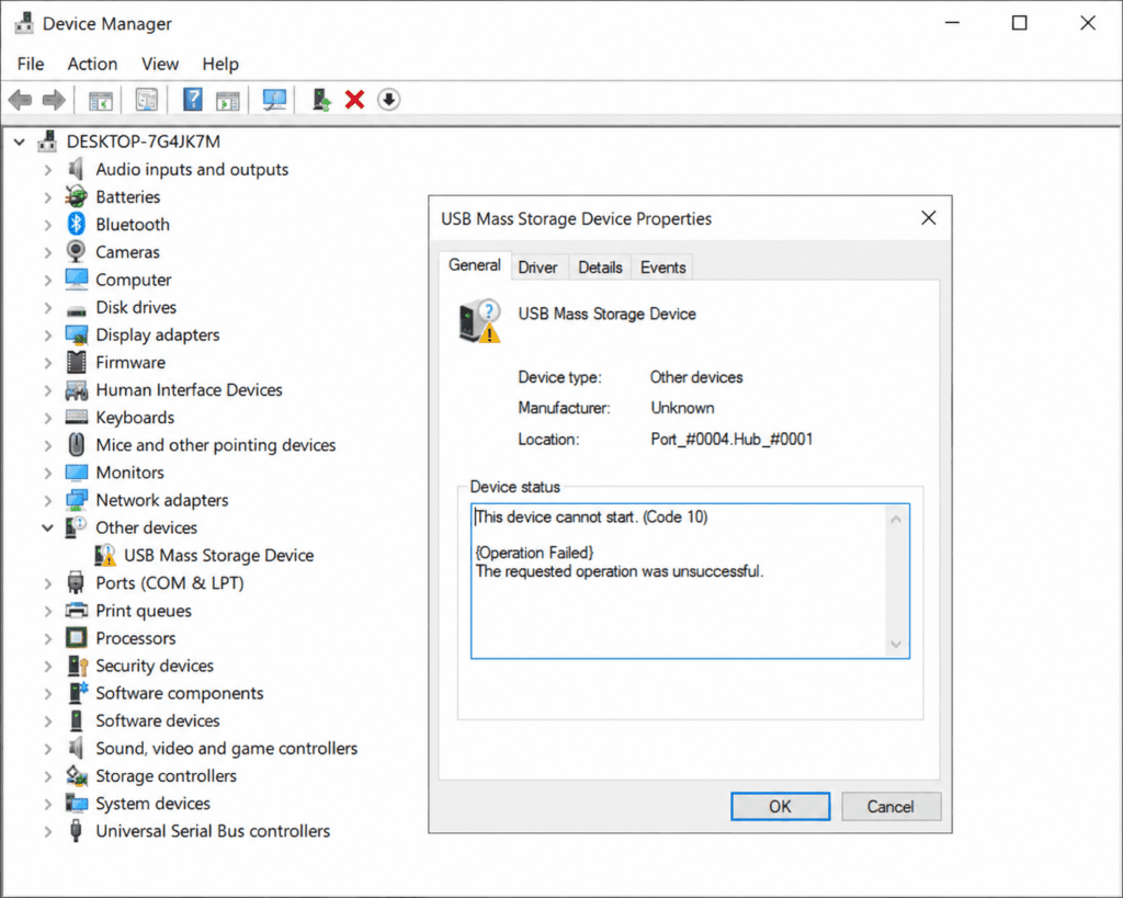 Device Manager showing USB controller warning on Windows 11