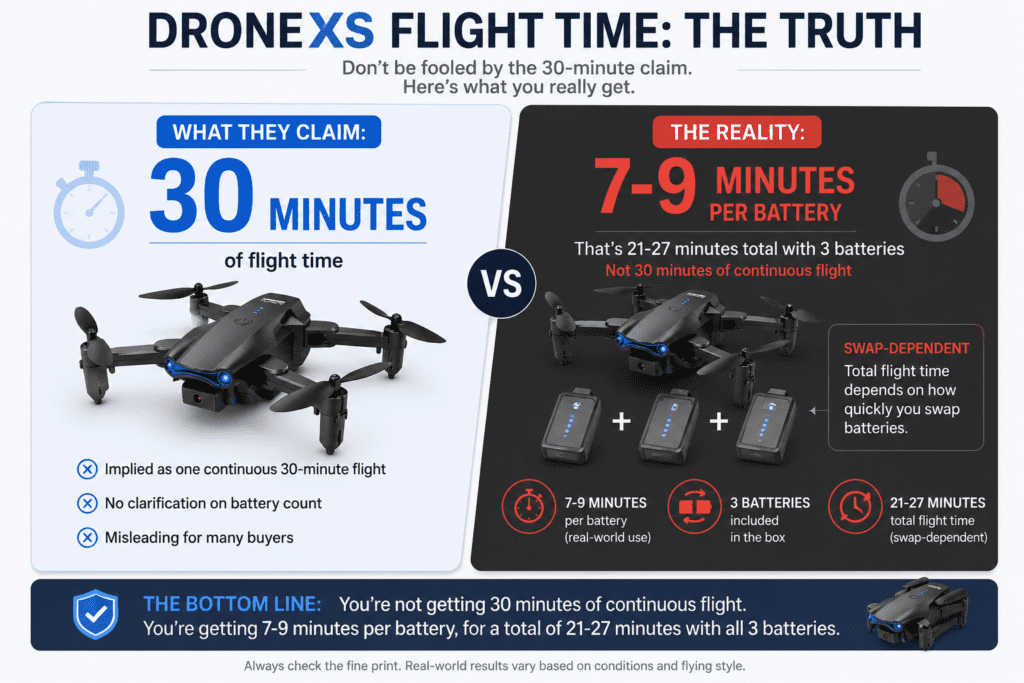 DroneXS flight time reality check — 7-9 minutes per battery not 30 continuous