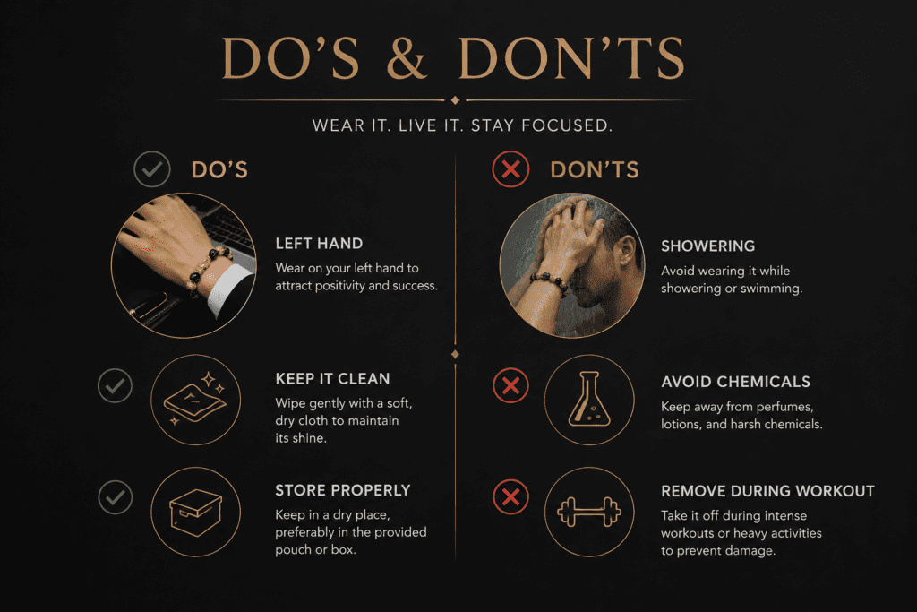 Black Obsidian Bracelet Review (2026): Does The Feng Shui Wealth Charm Actually Work? 6 Infographic explaining the Feng Shui rules for wearing a Pi Xiu obsidian bracelet