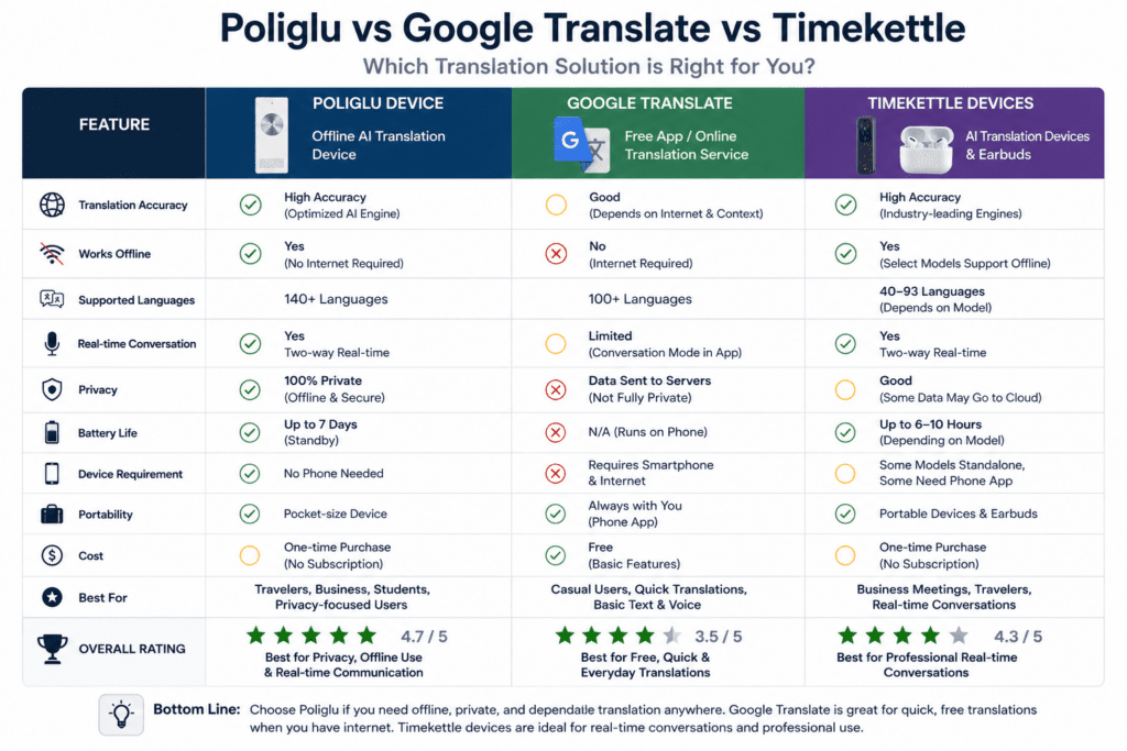 Poliglu vs Google Translate vs Timekettle comparison chart