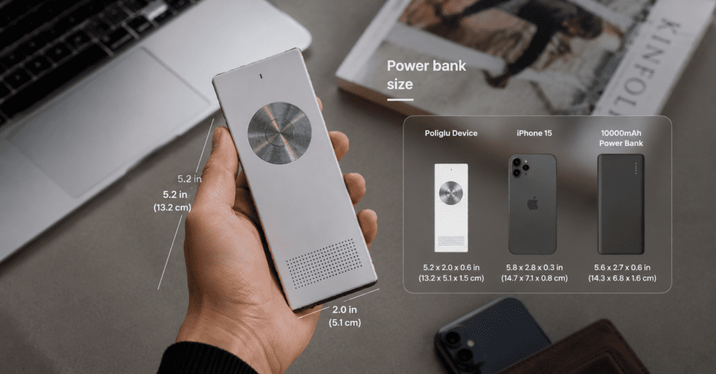 Poliglu handheld translator device size compared to smartphone