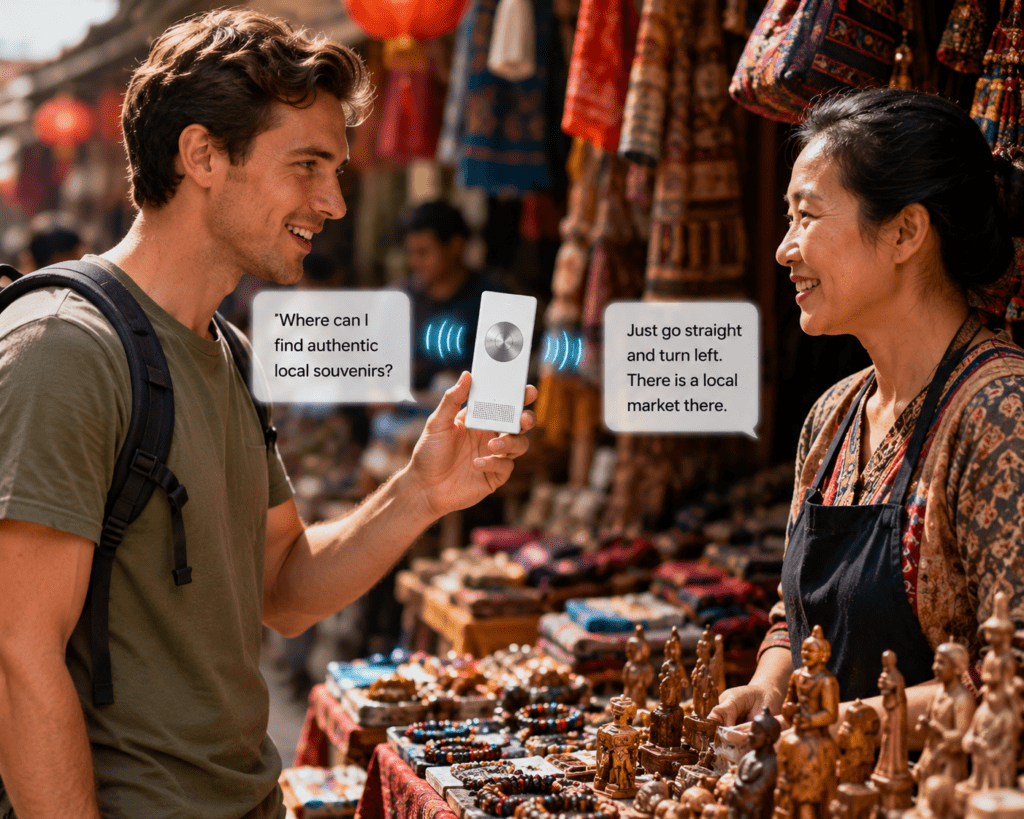 Poliglu Review 2026: Does This Translator Device Actually Work? 8 Person using Poliglu translator at foreign market