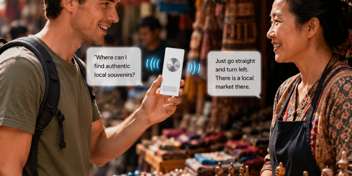 Person using Poliglu translator at foreign market