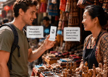 Person using Poliglu translator at foreign market