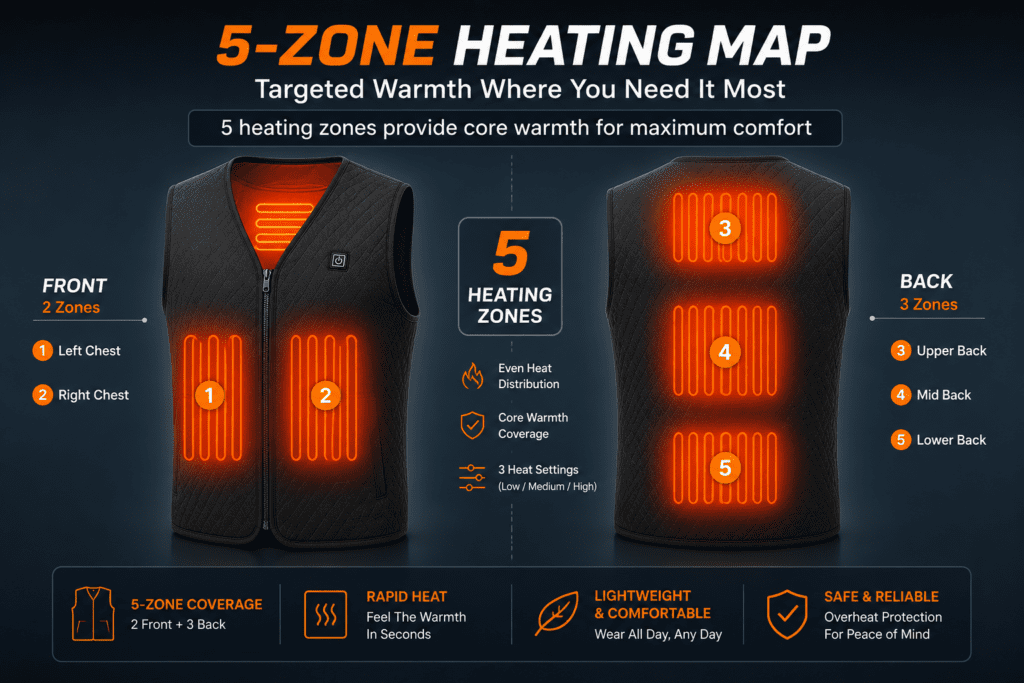 WinterSecret Pro 5 heating zones diagram - back and chest coverage map