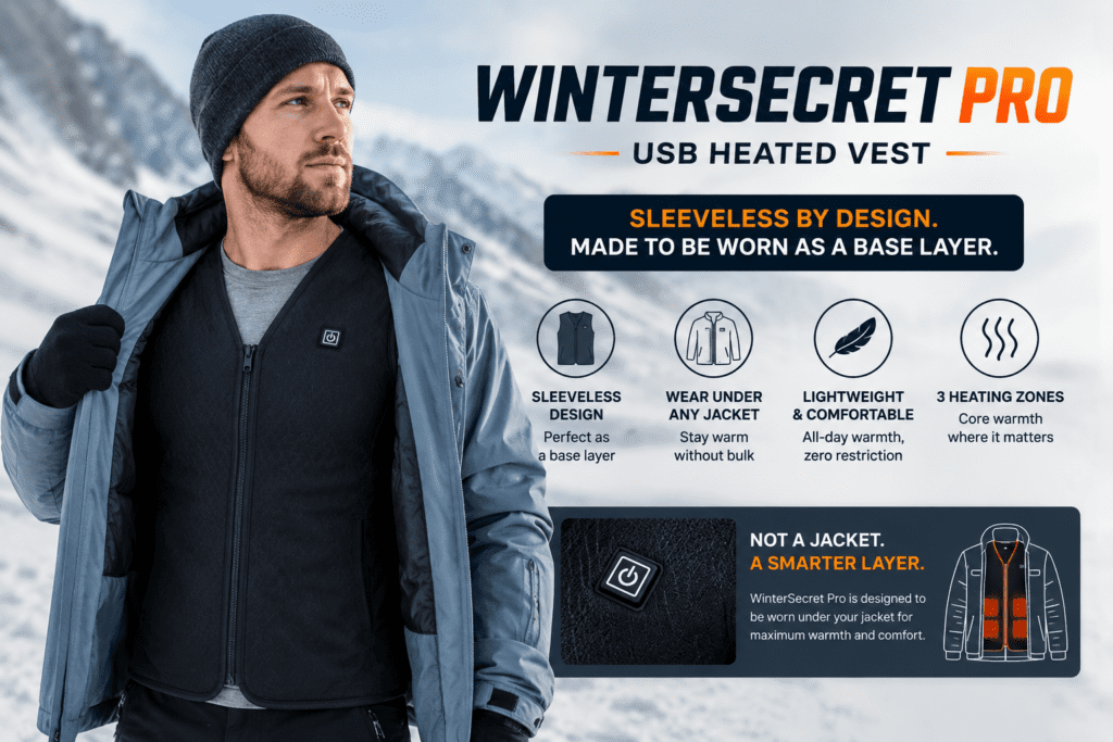 WinterSecret Pro Reviews 2026: The Heated Vest Truth Every Buyer Deserves 5 WinterSecret Pro USB heated vest worn as base layer under jacket - sleeveless design