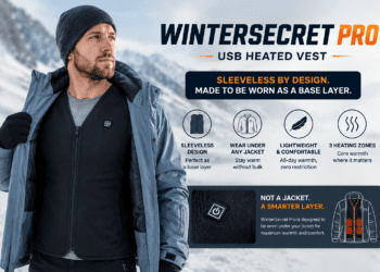 WinterSecret Pro USB heated vest worn as base layer under jacket - sleeveless design