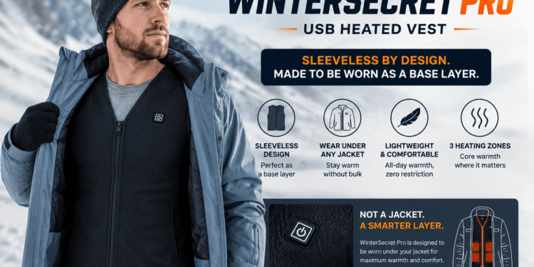 WinterSecret Pro USB heated vest worn as base layer under jacket - sleeveless design
