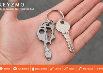 Keyzmo 16-in-1 multi-tool key size comparison with standard house key