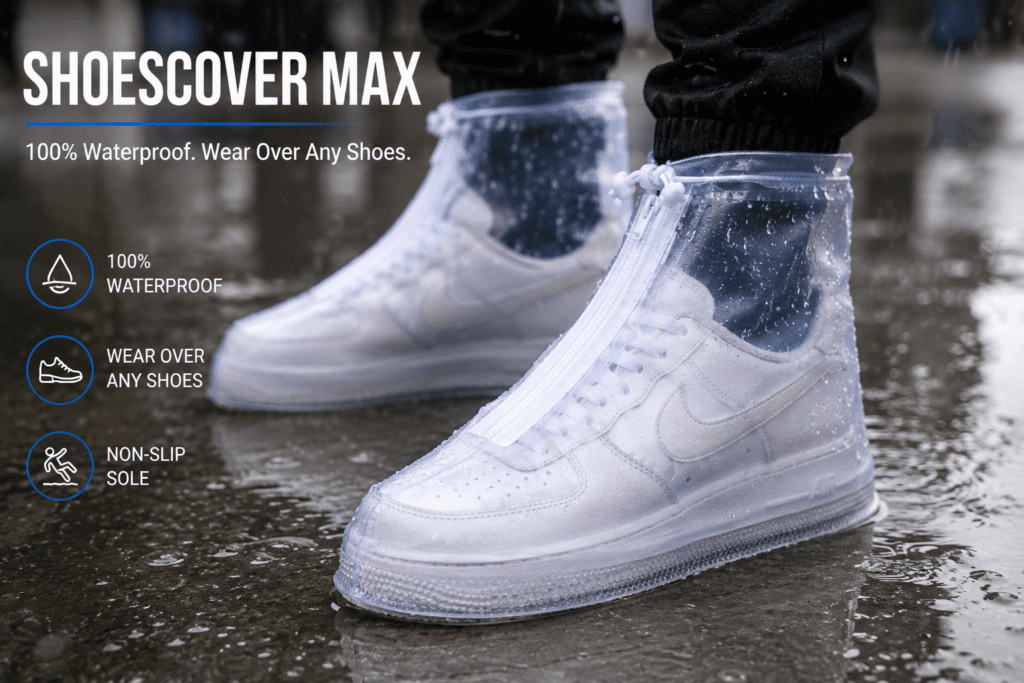 ShoesCover Max transparent waterproof shoe cover worn on sneaker in rain