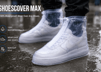 ShoesCover Max transparent waterproof shoe cover worn on sneaker in rain