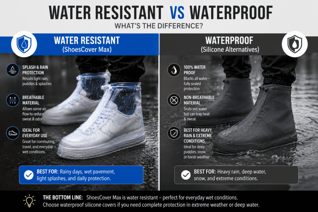 Shoescover Max Reviews 2026: The Honest Rain Protection Test 6 Water resistant vs waterproof shoe cover comparison — what the difference means