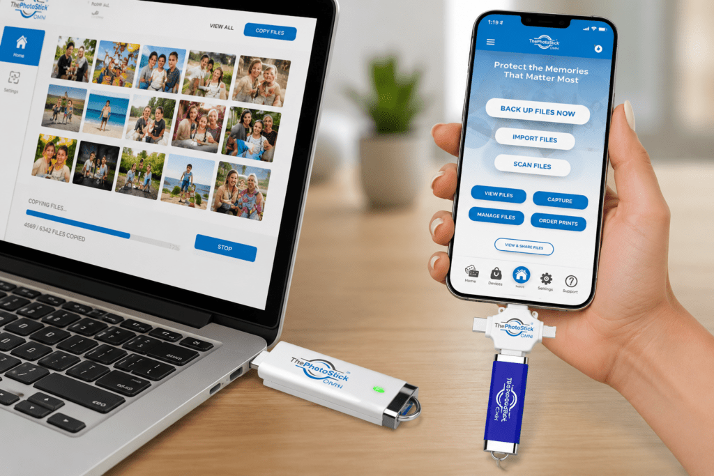 The Ultimate Guide: How to Use PhotoStick OMNI (Setup, Troubleshooting & Review) 3 Hands plugging a PhotoStick OMNI into a modern smartphone for photo backup