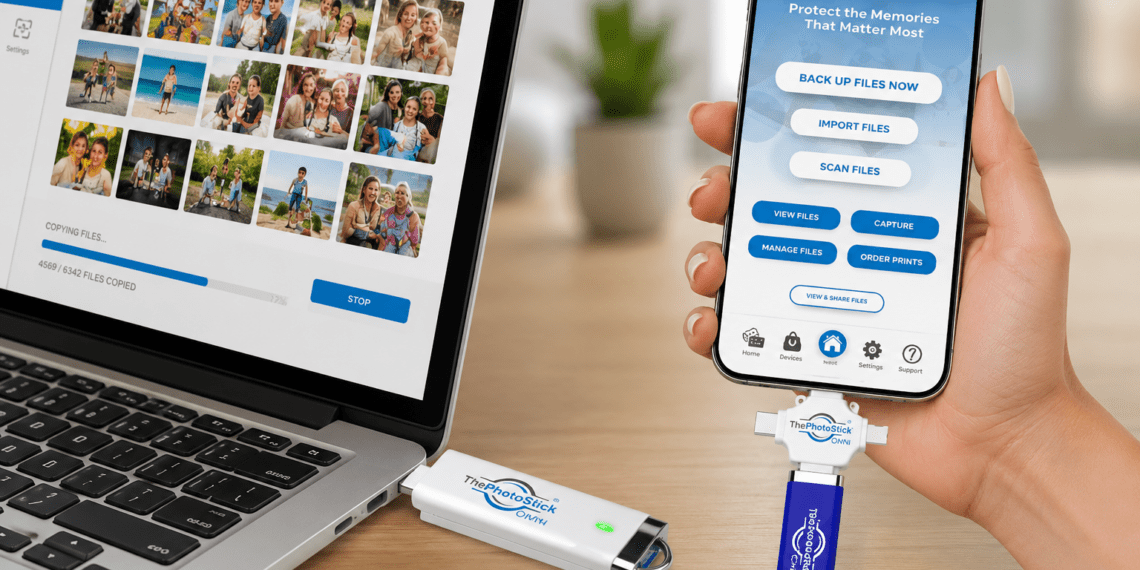 The Ultimate Guide: How To Use Photostick Omni (Setup, Troubleshooting &Amp; Review) 5 Hands plugging a PhotoStick OMNI into a modern smartphone for photo backup