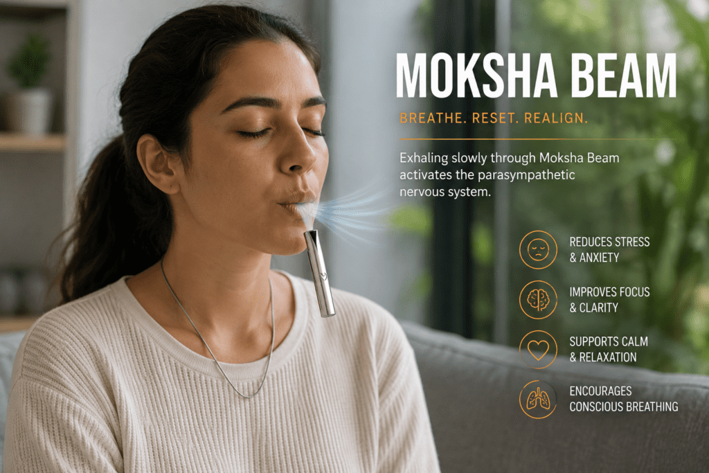Moksha Beam Anxiety Necklace Review 2026: The Honest Science Behind the Breathwork Necklace 4 Moksha Beam breathing necklace in use — slow exhale through pendant for anxiety and stress relief