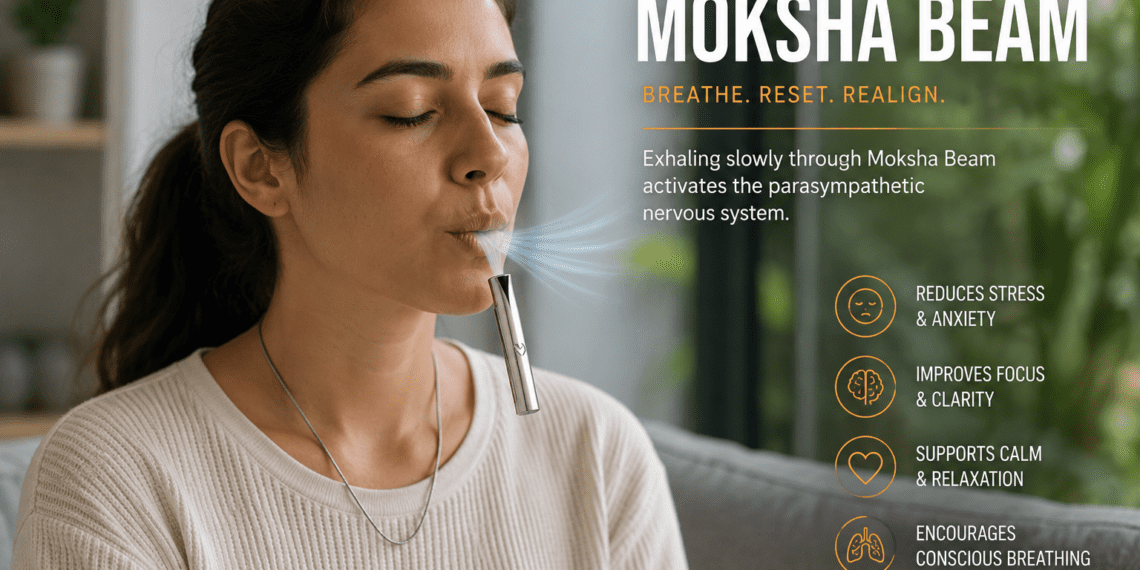 Moksha Beam Anxiety Necklace Review 2026: The Honest Science Behind The Breathwork Necklace 5 Moksha Beam breathing necklace in use — slow exhale through pendant for anxiety and stress relief