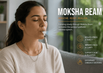 Moksha Beam breathing necklace in use — slow exhale through pendant for anxiety and stress relief