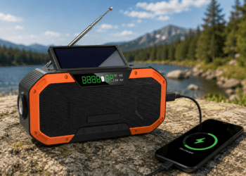 Qinux Brick Pro emergency radio charging a smartphone outdoors