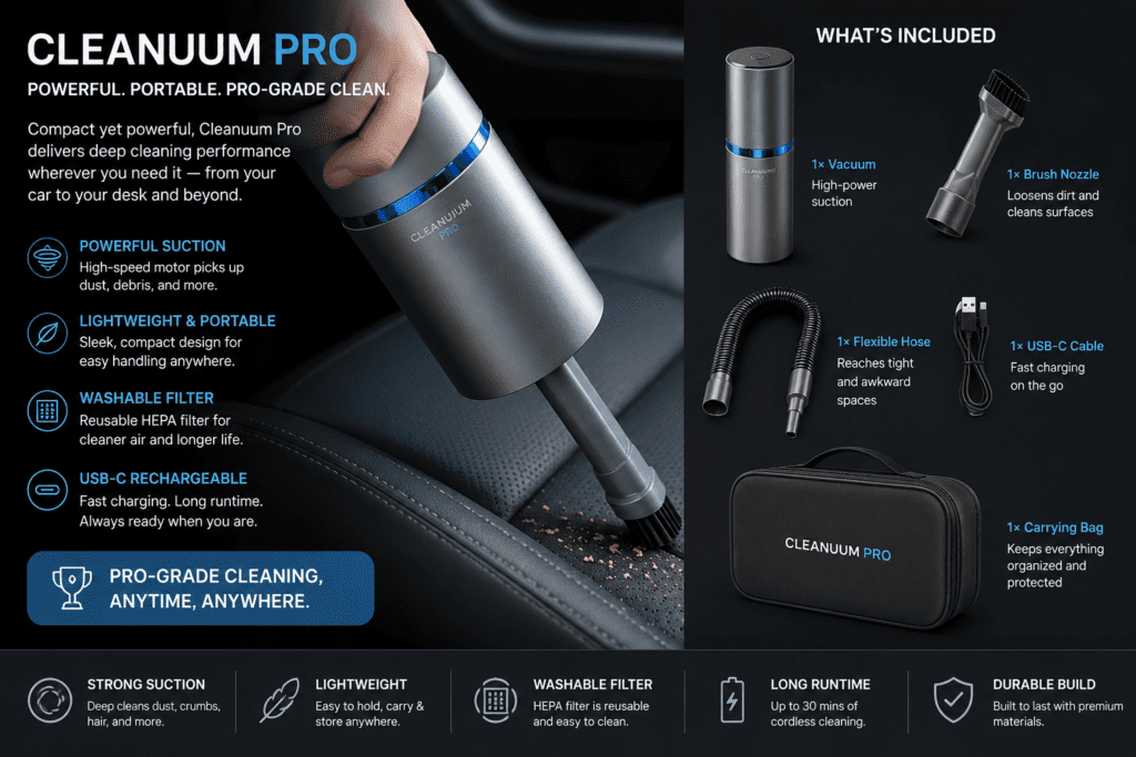 Cleanuum Pro Review (2026): The Contradiction Buyers Should Know 1 Cleanuum Pro portable handheld vacuum with accessories and carrying bag