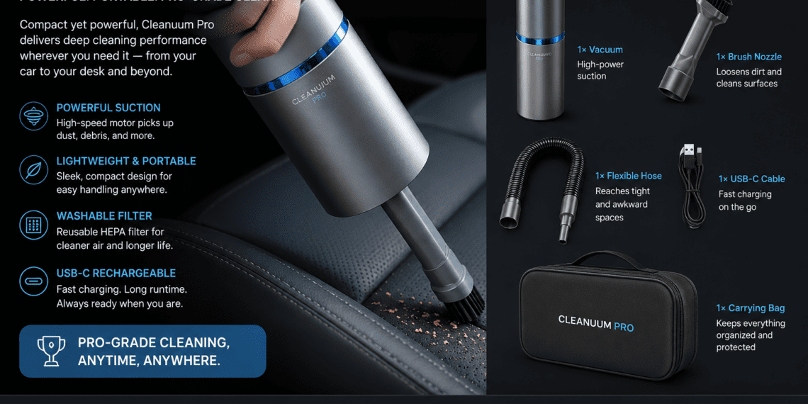 Cleanuum Pro Review (2026): The Contradiction Buyers Should Know 5 Cleanuum Pro portable handheld vacuum with accessories and carrying bag