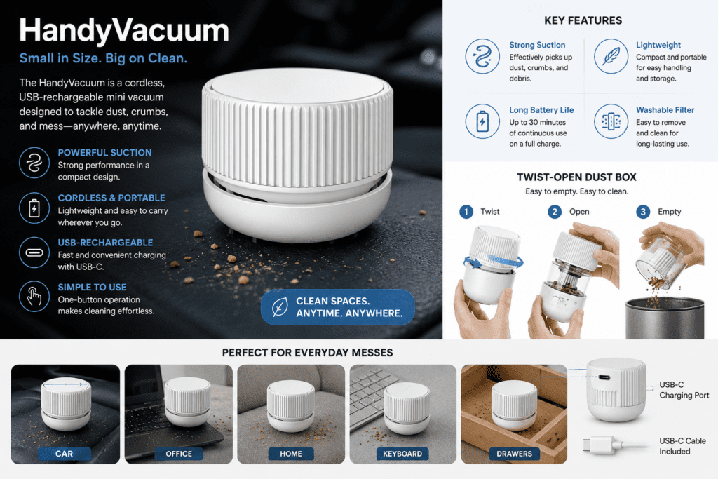 Handyvacuum Review: We Tested It. Here'S The Truth 6 HandyVacuum palm-sized USB rechargeable mini vacuum cleaner