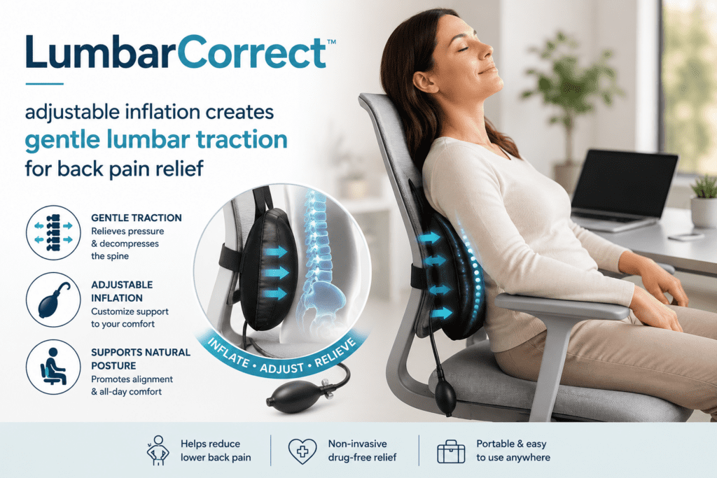 LumbarCorrect Review: Does Inflatable Lumbar Traction Actually Work? 1 LumbarCorrect inflatable lumbar decompression belt with hand pump and air chambers