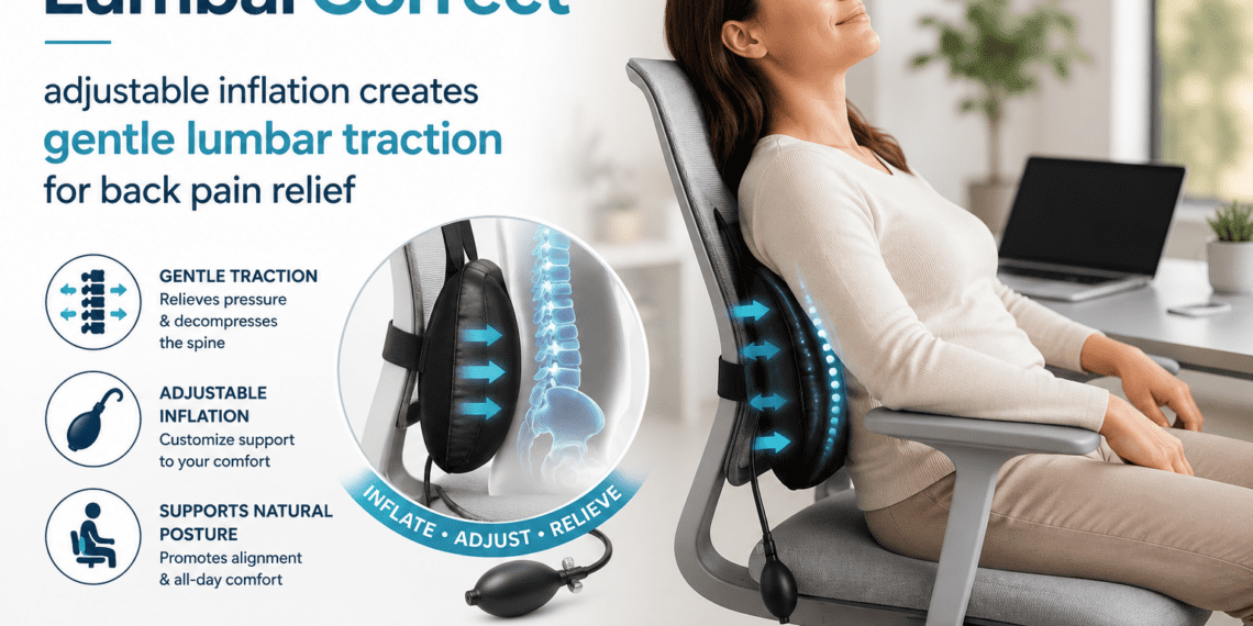LumbarCorrect inflatable lumbar decompression belt with hand pump and air chambers