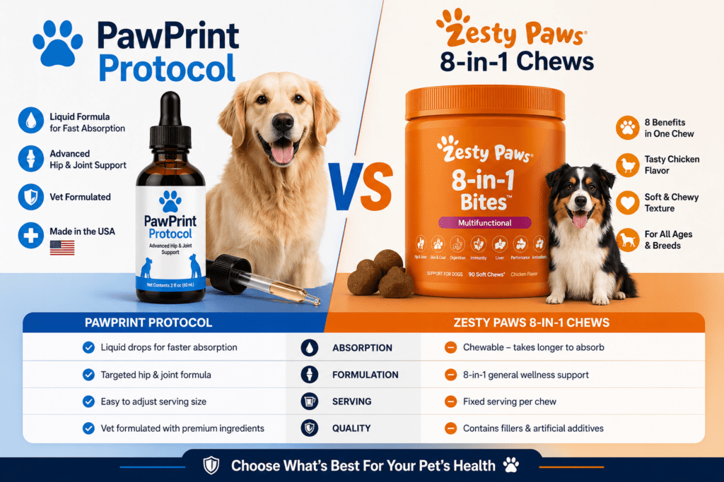 Pawprint Protocol Review (2026): Does This Liquid Dog Supplement Actually Work? 7 PawPrint Protocol vs. Zesty Paws 8-in-1 Chews