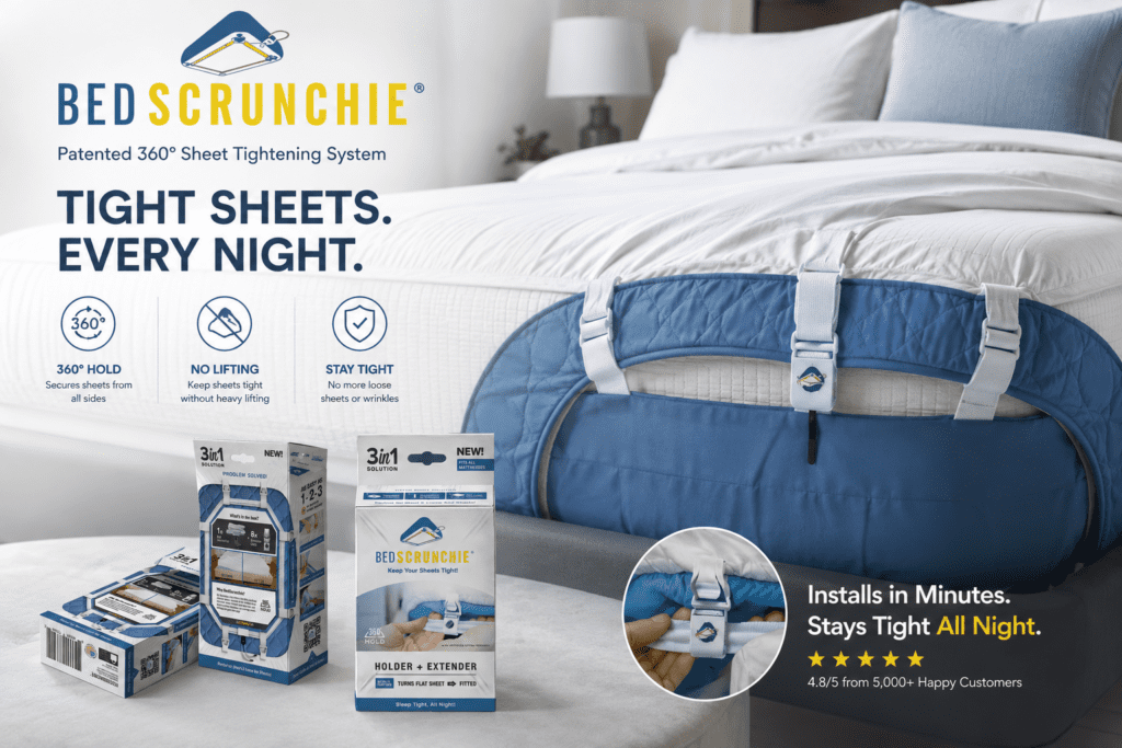 Bed Scrunchie Review: Does It Actually Keep Sheets Tight? 3 Bed Scrunchie patented 360-degree sheet tightening system on a made bed
