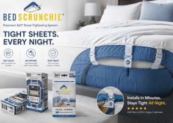 Bed Scrunchie patented 360-degree sheet tightening system on a made bed