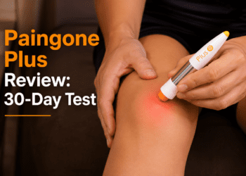 Paingone Plus automatic TENS pen being used on a sore knee.