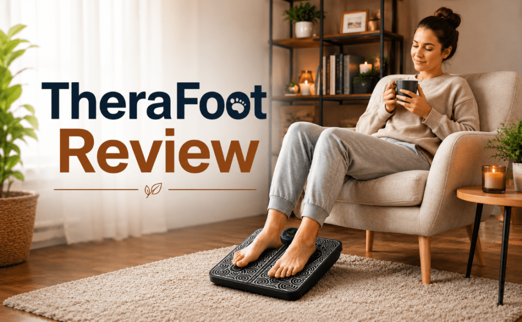 Person using TheraFoot EMS massager for foot pain relief in living room.