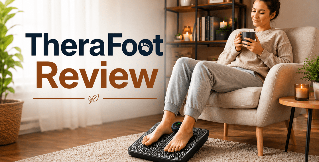 Therafoot Review: The Truth About This Foot Massager 5 Person using TheraFoot EMS massager for foot pain relief in living room.