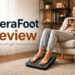 Person using TheraFoot EMS massager for foot pain relief in living room.