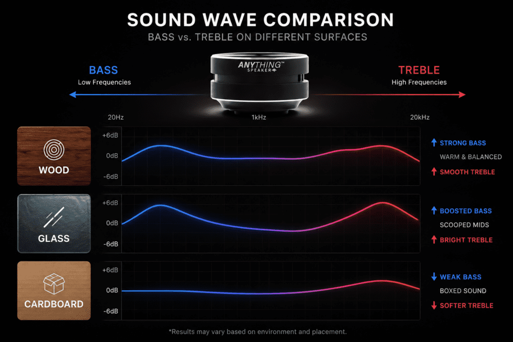 Acoustic performance chart of the Anything speaker on different materials.