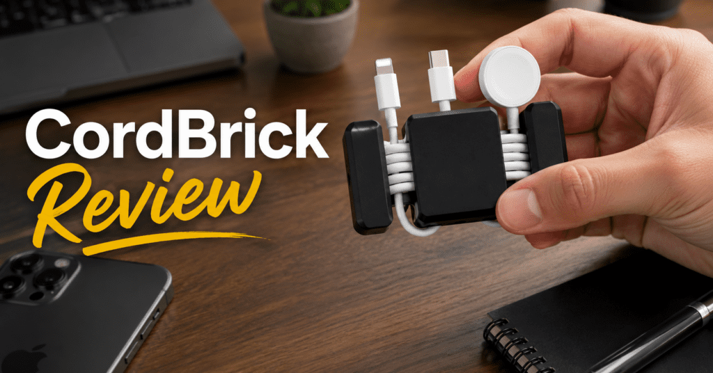 CordBrick Review (2026): Is This Weighted Cord Holder Actually Worth It? 3 CordBrick weighted cord holder organizing cables on a wooden desk