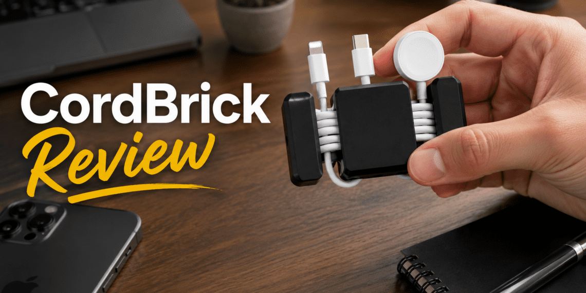 Cordbrick Review (2026): Is This Weighted Cord Holder Actually Worth It? 5 CordBrick weighted cord holder organizing cables on a wooden desk