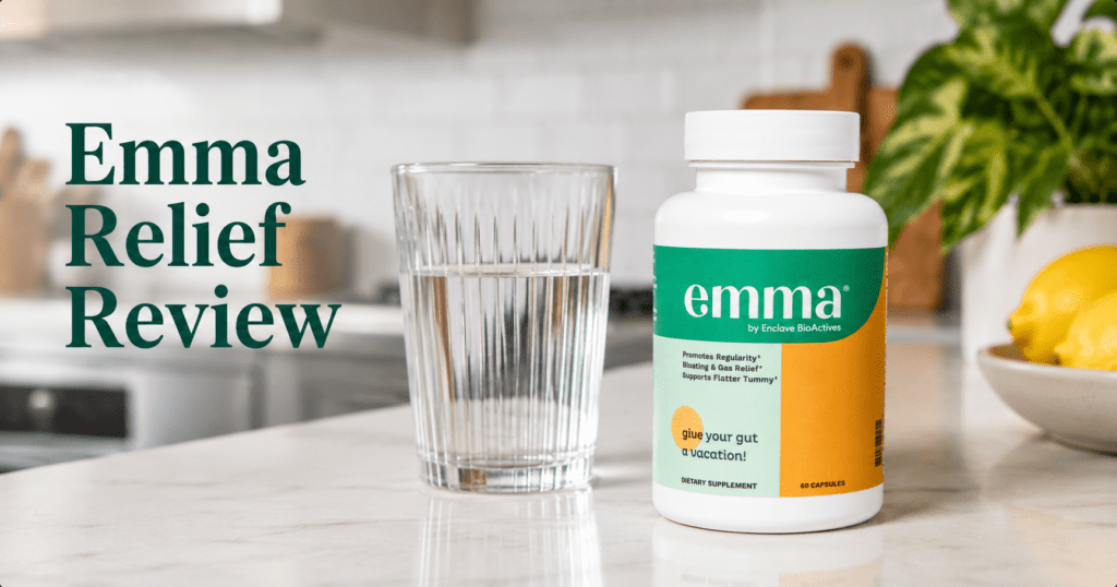Emma Relief Review: The Brutal Truth About Dr. Sam’s Gut Supplement (2026) 5 Emma Relief daily digestive supplement bottle on a kitchen counter.