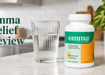 Emma Relief daily digestive supplement bottle on a kitchen counter.