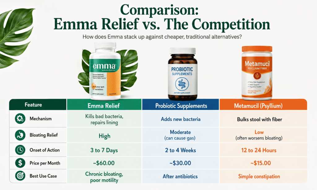 Emma Relief vs Metamucil vs Probiotics comparison chart.