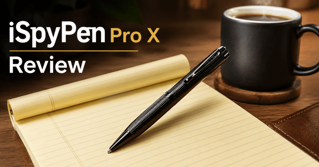 SpyPen Pro X resting on a notebook for covert recording.