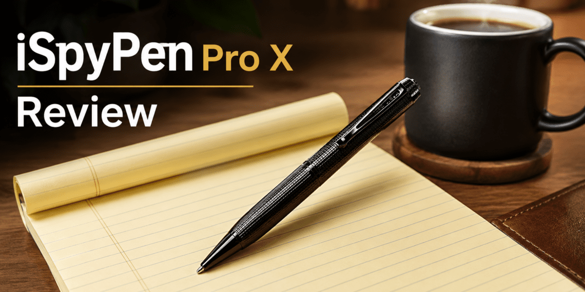 Ispypen Pro X Review: Does It Really Record 40 Feet Away? 5 SpyPen Pro X resting on a notebook for covert recording.