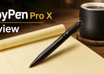 SpyPen Pro X resting on a notebook for covert recording.